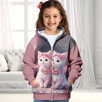 Girls' 3D Cat Hoodie Coat Outerwear Long Sleeve 3D Print Fall Winter Active Fashion Cute Kids 3-12 Years Outdoor Casual Daily Regular Fit