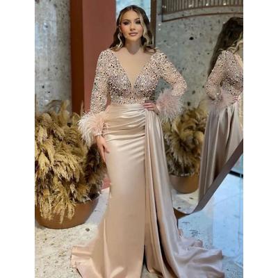 TS Mermaid Evening Gown Elegant Dress Formal Wedding Court Train Long Sleeve V Neck Satin with Feather Glitter Ruched Masquerade Dress 2025