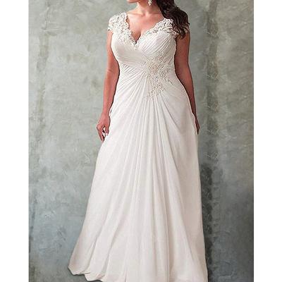 TS Open Back Plus Size Curve Wedding Dresses A-Line V Neck Cap Sleeve Sweep / Brush Train Chiffon Bridal Gowns With Ruched Appliques 2025