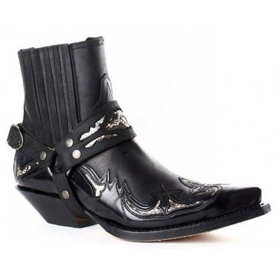 Men's Black Faux Leather Western Ankle Boots with Embroidered Detailing and Metal Harness - Cowboy Style Boots for Rodeo, Country Music Events, and Casual Wear