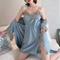 Women's Satin Silk Pajamas Sets 2 Pcs Nightgown Sets Dress Pure Color Fashion Casual Comfort Home Daily Bed Satin V Wire Long Sleeve Elastic Waist Chest pads Fall Spring Black Blue