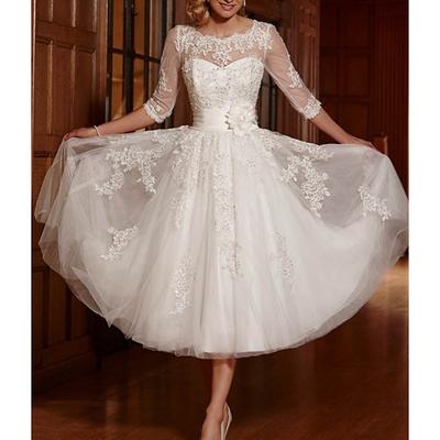 Reception Vintage 1940s / 1950s Little White Dress Bridal Shower Dresses Wedding Dresses A-Line Illusion Neck 3/4 Length Sleeve Tea Length Lace Bridal Gowns With Appliques 2025
