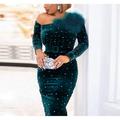 Women's Cocktail Party Dress Wedding Guest Dress Velvet Dress Feather Dress Maxi long Dress Dark Green Long Sleeve Pure Color Fall Spring One Shoulder Elegant Winter Dress