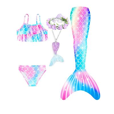 Kids Girls' Five Piece Mermaid Swimwear Swimwear Bikini Beach Swimming Rainbow Tie Dye Cute Bathing Suits 3-10 Years Summer Light Blue Colorful