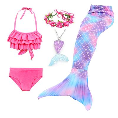 Kids Girls' Five Piece Mermaid Swimwear Swimwear Bikini Beach Swimming Rainbow Tie Dye Cute Bathing Suits 3-10 Years Summer Light Blue Colorful