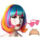 Short Bob Hair Wigs Straight with Flat Bangs Synthetic Colorful Cosplay Daily Party Neon Wig for Women (Only Wigs)