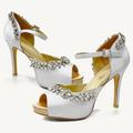 Women's Heels Wedding Shoes Dress Shoes Crystal Platform Stiletto Peep Toe Elegant Satin Ankle Strap Black White Champagne