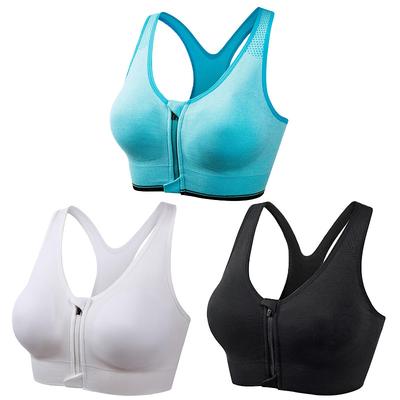 3 Pack Women's High Support Sports Bra Running Bra Seamless Zip Front Racerback Bra Top Padded Yoga Fitness Gym Workout Breathable Shockproof Quick Dry Khaki Black White Solid Colored Home Outfits