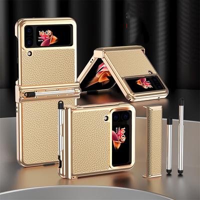 Phone Case For Samsung Galaxy Z Flip 5 Z Flip 4 Z Flip 3 Back Cover Bumper Frame Pencil Holder Plating Solid Colored PC PU Leather Father's Day Gifts