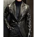 Men's Fashion PU Leather Casual Blazer Jacket Plus Size Regular Tailored Fit Solid Colored Single Breasted Two-buttons Black 2024