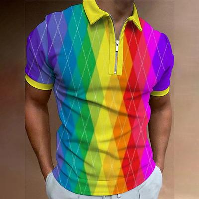 Men's Rainbow Hawaiian Polo Shirts Golf Shirt Short Sleeve Polo Shirts Collared Shirts Casual Beach Wear Vacation Wear Tropical Wear Party Outfits 3D Print Quarter Zip Polo Pink Blue Rainbow