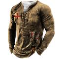 Men's T shirt Tee Tee Graphic Templar Cross Henley Black Light Brown Brown Dark Gray 3D Print Knight Plus Size Outdoor Street Long Sleeve Lace up Print Clothing Apparel Designer Stylish Vintage Basic