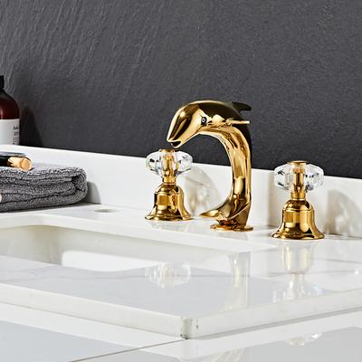 Dolphin Shape Bathroom Sink Faucet, Widespread Crystal Accents Two Handles Three Holes Bath Mixer Taps for Sink, Hot and Cold Water Hoses Included