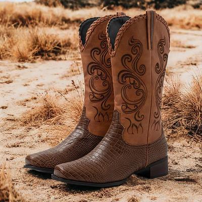 Men's Brown Western Cowboy Boots with Embroidered Design and Faux Crocodile Pattern - Stylish and Durable