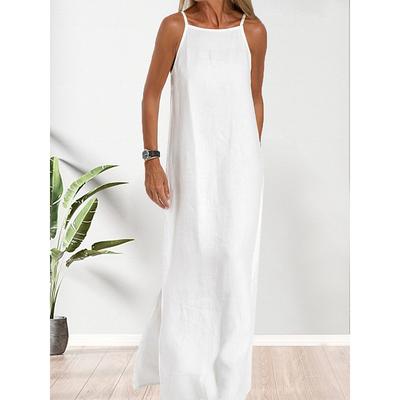Women's Cotton and Linen Nightdress Pure Color Loungewear Nightshirt Dress Fashion Casual Comfort Home Street Date Airport Breathable Straps Sleeveless Dress Summer Spring Black White