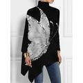 Women's Plus Size Shirt Blouse Butterfly Star Casual Silver Black White Print Asymmetric Long Sleeve Basic Turtleneck High Neck Regular Fit Spring Fall