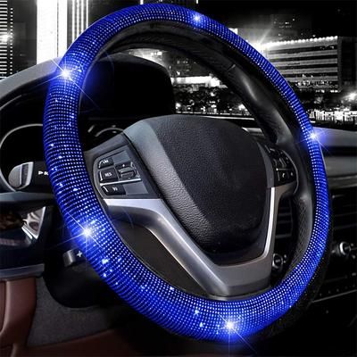 Steering Wheel Cover for Women Men Bling Bling Crystal Diamond Sparkling Car SUV Wheel Protector Universal Fit 15 Inch (Black with Blue DiamondStandard Size