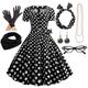 Women's A-Line Rockabilly Dress Polka Dots Swing Dress Flare Dress with Accessories Set 1950s 60s Retro Vintage with Headband Chiffon Scarf Earrings Cat Eye Glasses Pearl Necklace Gloves 7PCS