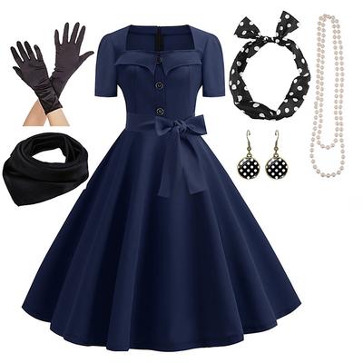 Women's A-Line Rockabilly Dress Polka Dots Swing Dress Flare Dress with Accessories Set 1950s 60s Retro Vintage with Headband Chiffon Scarf Earrings Pearl Necklace Gloves