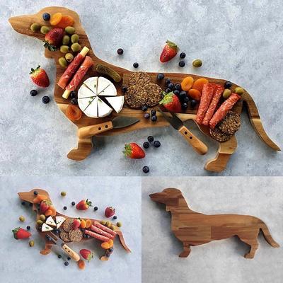 Dachshund Dog Dinner Plate Cute Christmas Dinner Plate, Wooden Plates Cutting Board Wooden Decorative Tray, Chopping Block for Fruit Platter, Dessert Plate for Holiday Party