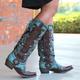 Women's Turquoise and Brown Faux Leather Western Cowboy Boots with Embellishments and Studded Detailing - Knee-High Boots for Rodeo and Festival Wear