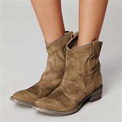 Women's Brown Faux Suede Western Ankle Boots – Vintage-Style Low Heel Cowboy Boots for Casual Outfits