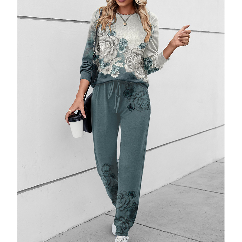 Women's 2 Pieces Sweatshirt Tracksuits Active Daily Tracksuit Pants Sets Joggers Pants Trousers Long Sleeve Round Neck Floral Drawstring Print Outdoor Casual Black Pink Blue