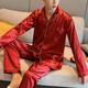 Men's Pajamas Satin Silk Nightgown Sleepwear Pure Color Fashion Soft Home Bed Faux Silk Lapel Long Sleeve Pant Fall Spring Silver Green