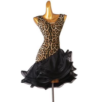 Dance Salsa Latin Dance Dress Leopard Print Ruffles Women's Training Sleeveless High Spandex