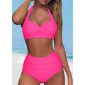 Women's Swimwear Bikini Normal Swimsuit Halter 2 Piece High Waisted Plain Beach Wear Push Up Bathing Suits