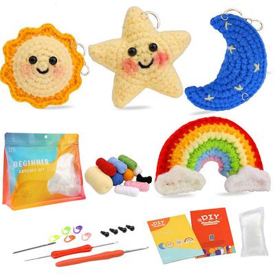 Crochet Kit for Beginners, Beginner Crochet Starter Kit with Step-by-Step Video Tutorials, Beginner Crochet Kit for Adults Kids, Knitting Kit for Beginners Cute Sun Rainbow Star Moon Love Pendant Handmade Woolen Crochet Material Bag