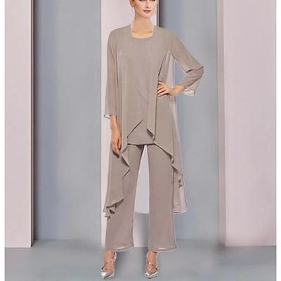 TS Jumpsuit / Pantsuit 3 Piece Mother of the Bride Dress Wedding Guest Elegant Scoop Neck Ankle Length Chiffon Sleeveless Wrap Included with Solid Color 2025