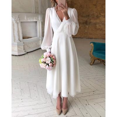 TS Beach Wedding Reception Little White Dresses Wedding Dresses A-Line V Neck Long Sleeve Ankle Length Chiffon Bridal Gowns With Solid Color 2025