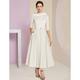 A-Line Mother of the Bride Dress Wedding Guest Elegant Vintage Jewel Neck Tea Length Charmeuse Half Sleeve with Pleats Crystals 2024