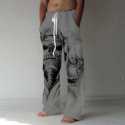 Men's Skull Graphic Prints Linen Pants Trousers Baggy Pants Mid Waist Fashion Big and Tall Casual Daily Elastic Drawstring Design Front Pocket Straight Leg Spring Summer 3D Print White Green Khaki