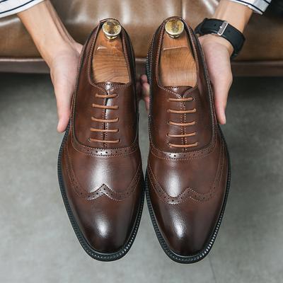 Men's Classic Brown Wingtip Oxford Shoes – Faux Leather Brogue Dress Shoes for Business, Weddings Formal Events