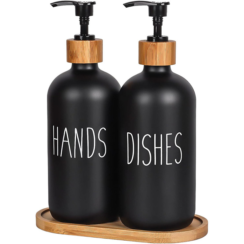 Soap Dispenser Set with Tray by Brighter Barns for Bathroom/Kitchen Hand and Dish Soap Dispenser for Bathroom Kitchen Sink Bamboo- Farmhouse Soap Dispenser(500ml2)