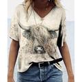 Women's T shirt Tee Graphic Cow Tribal Home Casual Daily Beige Patchwork Print Short Sleeve Vintage Ethnic V Neck Regular Fit