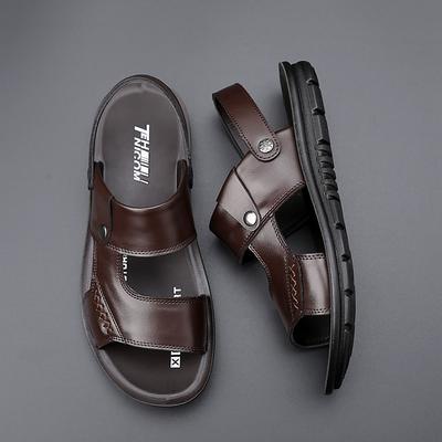 Men's Brown and Black Faux Leather Open-Toe Sandals with Adjustable Strap and Cushioned Sole – Casual Outdoor Summer Footwear for Daily Wear