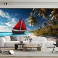Beach Boat Landscape Wallpaper Roll Mural Wall Covering Sticker Peel and Stick Removable PVC/Vinyl Material Self Adhesive/Adhesive Required Wall Decor for Living Room Kitchen Bathroom