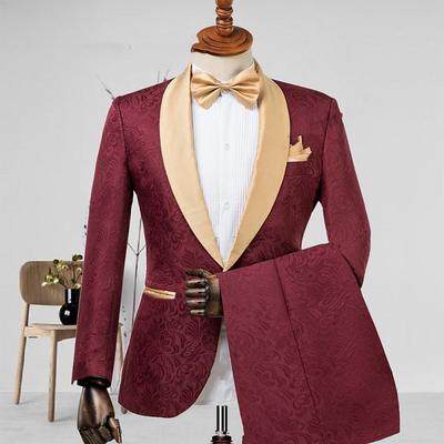 Men's Wedding Suits Black Champagne Jacquard Floral Tailored Fit 2 Piece Single Breasted One-button