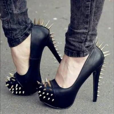 Women's Black Spiked High Heels - Punk Rock Studded Platform Pumps for Clubwear and Parties