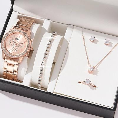 5 pcs/set Watch Set for Women - Shinny Rhinestone Fashion Starry Sky Digital Dial Quartz Watch Rings Necklace Earrings Jewelry Set Valentines Day Mother's Day Gifts