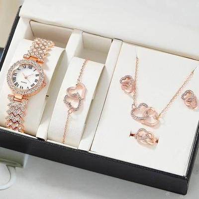 5 pcs/set Watch Set for Women - Shinny Rhinestone Fashion Starry Sky Digital Dial Quartz Watch Rings Necklace Earrings Jewelry Set Valentines Day Mother's Day Gifts