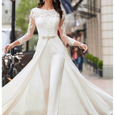 TS Hall Simple Wedding Dresses Casual Jumpsuits With Overskirts Illusion Neck Long Sleeve Floor Length Lace Bridal Gowns With Sashes / Ribbons Crystals dress to impress stretch dress 2025