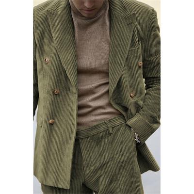 Men's Corduroy Wedding Suits Light Blue Black Casual Solid Colored Tailored Fit 2 Piece Double Breasted Six-buttons