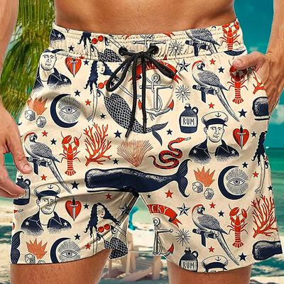 Men's Marine Life Swim Shorts Board Shorts Swimming Trunks Mid Waist Hawaiian Casual Holiday Beach Drawstring with Mesh lining Elastic Waist Designer Clothing Apparel