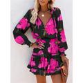 Women's Print Dress SpringDress Leopard Floral Print Ruched V Neck Mini Dress Fashion Modern Outdoor Daily Long Sleeve Loose Fit Black Purple Fuchsia Summer Spring S M L XL XXL