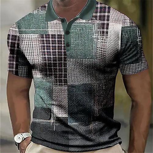 Men's Plaid Waffle Polo Shirts Golf Shirt Short Sleeve Polo Shirts Collared Shirts Vintage Casual Vacation Wear Formal Wear Festival Wear Buttons 3D Print Blue Green Khaki