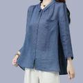 Shirt Linen Shirt Blouse Long Cotton Top Women's Navy Blue Khaki Solid Color Button Street Daily Fashion Shirt Collar Cotton Linen Regular Fit M